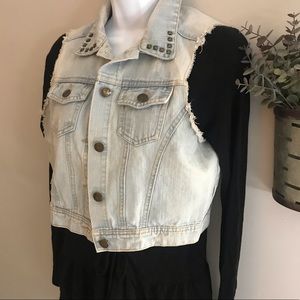 Distressed denim vest with studded collar